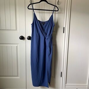 Connected Apparel Blue Asymmetrical Wrap Midi Dress